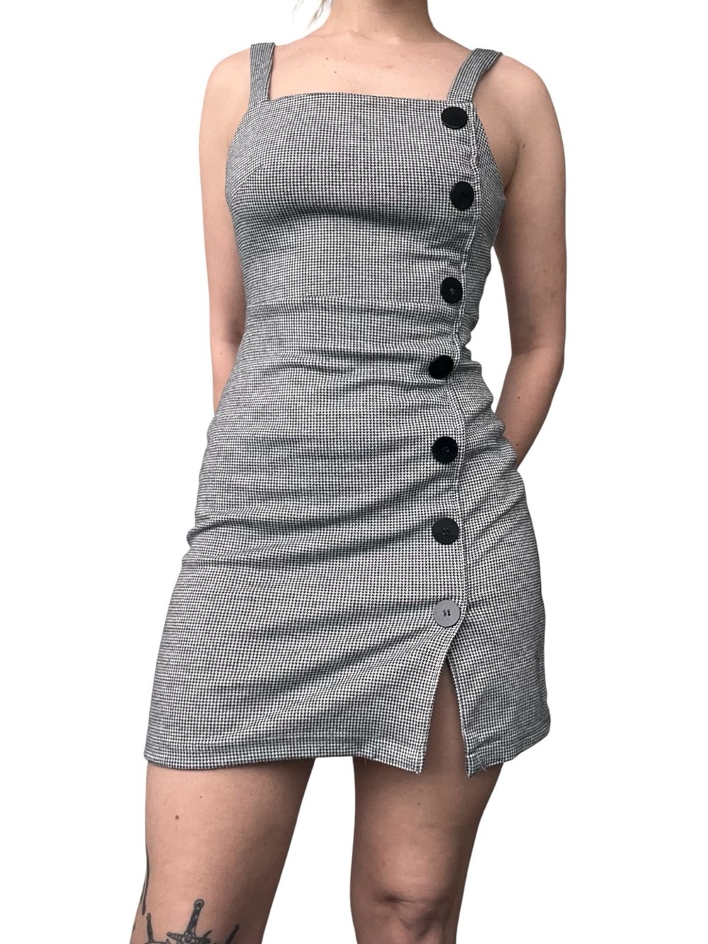 Angie Black & White Checker Button-Accent Mini Dress